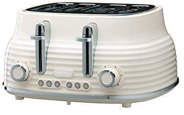 Daewoo Sienna 4 Slice Toaster, Wide Slots, 6 Browning Settings, Reheat, Defrost & Cancel Functions, Removable Crumb Tray, Stylish Cream Finish, Ideal for Family Kitchens