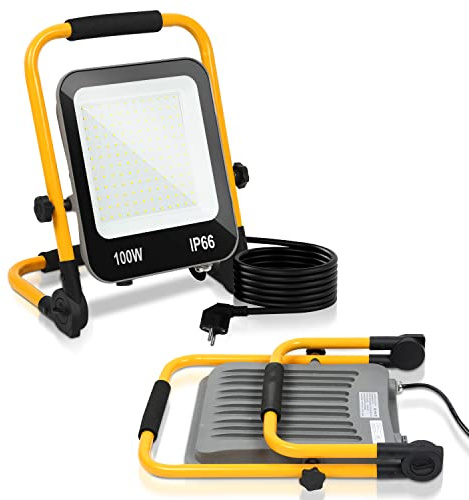 Izrielar LED Baustrahler, Arbeitsleuchte 100W, 10000LM LED Fluter Floodlight mit 3M Kabel und Stecker, Wasserdicht IP66 Austellenlampe für Innen-und Außenbereich Baustelle Garage Werkstatt, Kaltweiß