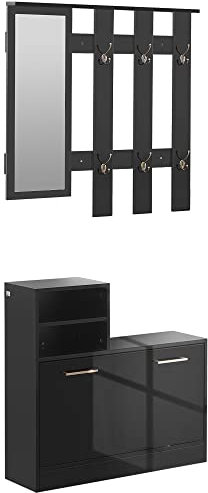 HOMCOM Set Appendi Abiti da Ingresso con Specchio e Scarpiera per 8 Paia di Scarpe, Legno Nero Lucido