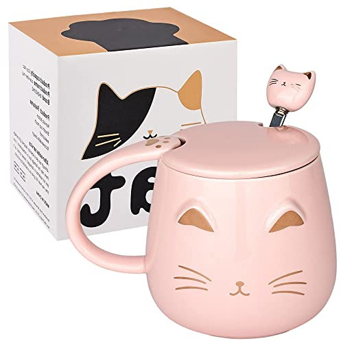 Cute Cat Coffee Mug Set With Lid and Kitty Spoon - Novelty Morning Tea Milk Mugs for Cat Lovers, Girls, Women - Christmas Birthday Gift 400ML/14oz (Pink)