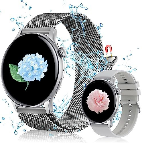 JANOLTY Smartwatch Damen/Herren (1.43 AMOLED-Display, 2* Uhrenarmbänder,IP68 Wasserdicht) Fitnessuhr Tracker mit Telefonfunktion,App-Benachrichtigung,SpO2,Herzfrequenz für iOS und Android (Silber)