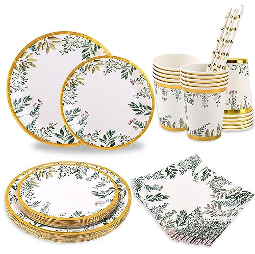 CEILIWEN Lot de 125 assiettes en carton vert sauge pour 25 invités, assiettes plates de 22,9 cm, assiettes à dessert de 17,8 cm, gobelets jetables, pailles, serviettes