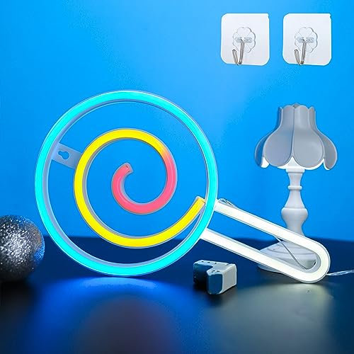 ENUOLI Lollipop Neonschild, Süßigkeiten Neon hellfarbene LED Lollipop Neon Lichter Süßigkeiten Shop Art Dekoration USB oder 3-AA Batterieantrieb Lollipop Neonlampe für Halloween Home Party Wall Hangi