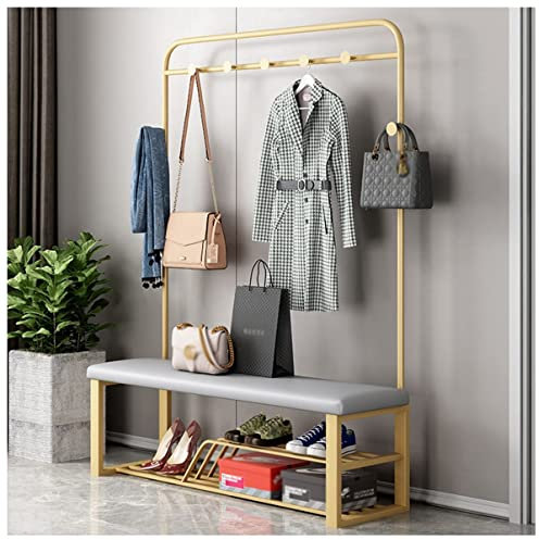 WIQUYBML Perchero Banco de Zapatos Árbol de Pasillo Zapatero 3 en 1 con Cojín de Asiento 7 Ganchos Estructura de Metal para Entrada Sala de Estar/Negro Gris/80 Cm (Oro Blanco 120 * M)