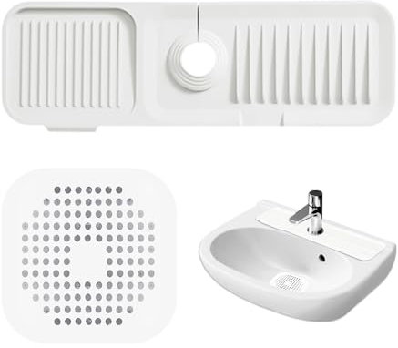 1 Piece Water Retaining Pad and 1 Piece Floor Drain Cover, Faucet Sink Pad, Dry Pad, Silicone Sink Absorbent Pad, Kitchen Splash Pad, Suitable for Kitchen, Bathroom (White)