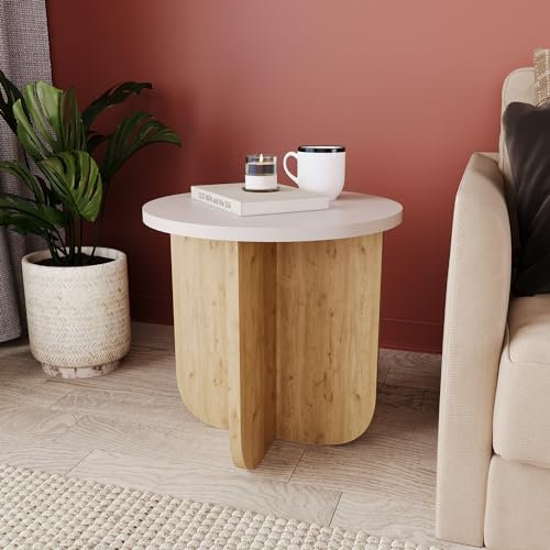 Bimossa Beca Small End Table - Oval & Round Warm Oak Side Table for Living Room, Slim Coffee Table, Modern Nightstand with Storage for Bedroom, Home Office
