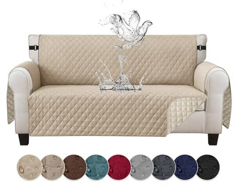 Jaotto Sofabezug 3 Sitzer wasserdichte Sofa Überzug mit Armlehnen Antirutsch Sofaschoner Sofaüberwurf Reversible Gesteppte Couch überzug für Haustiere Katzen Hunde,Beige