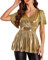 VIDUSSA Sparkly Peplum Tops for Womens - Ruffle Sleeve Blouse Wrap Metallic Glitter V Neck Shirts Party Tunic Tops Gold X-Large