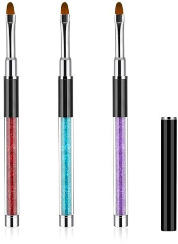 3 Stück Flacher Nagelpinsel UV Gel Nailart Pinsel Gelnägel Pinsel Ombre Nail Pinsel Nagel Malerei Pen mit Strassgriff UV Nailart Gel Stift (Rot Blau Lila)