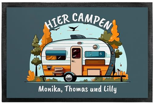 True Statements Camping Fußmatte „Hier CAMPEN“ personalisiert mit Wunschtext - für Innen & Außen - Geschenk für Campingfans Familien Reisen Camping-Freunde Geburtstag (40 x 60 cm)