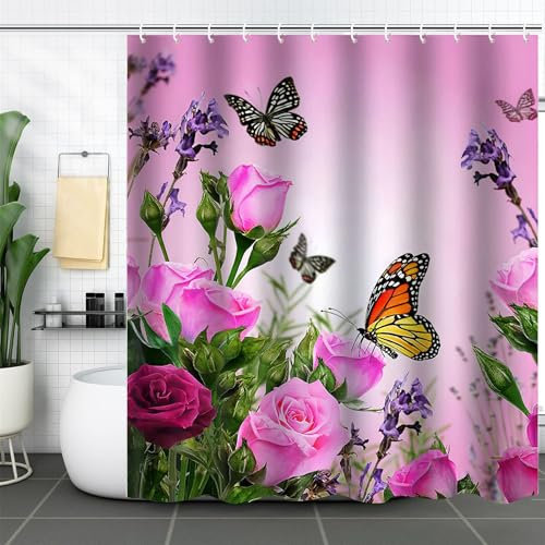 FAIRYGATE Outdoor Shower Curtain Floral and Green Leaf Waterproof Polyester Material Backdrop Garden Bathroom Accessories Flowers Fence Scenery Curtains Home Decoration with 12 Hooks B9107