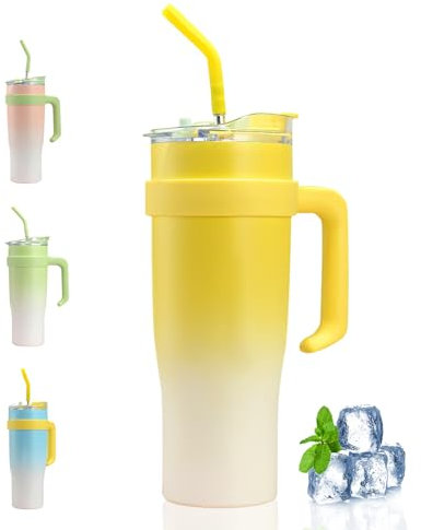 Nexoria Thermobecher, 42oz Trinkbecher mit Deckel und Strohhalm Doppelwandiger Edelstahl Vakuum Isolierbecher Tragbare Tumbler mit Griff Kaffeebecher Thermobecher für Kalte Heiße Getränke (Gelb)