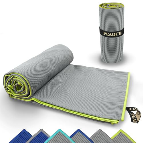 PEAQUE Mikrofaser-Handtuch mit Struktur - leicht, kompakt, schnelltrocknend, XL - Badehandtuch, Reisehandtuch, Sporthandtuch, Grau/Gelb, 200 x 100 cm