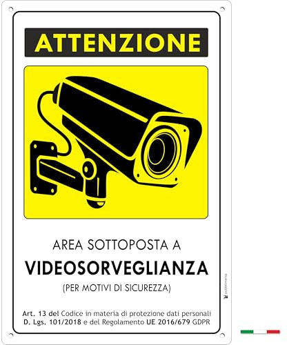 Pubblimania ATTENZIONE AREA VIDEOSORVEGLIATA in Alluminio composito spessore 3 mm, per esterno/interno (Cm 15x20)