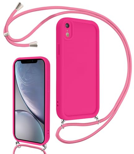 Coalbooliy Coque pour iPhone XR 6,1 avec Cordon de Collier Réglable, Etui Protection de la Caméra Silicone Souple TPU Antichoc Housse avec Corde Lanyard Cover pour Femmes Filles, Rose Rouge