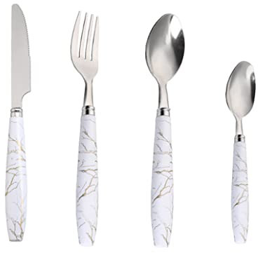 CLLBANT Set di Posate, Set di Posate in Acciaio Inossidabile, Trasparente, Set di Cucchiaio, Coltello e forchetta, Set di 24 Pezzi di Posate con Manico in Marmo, Set di Posate da Cucina