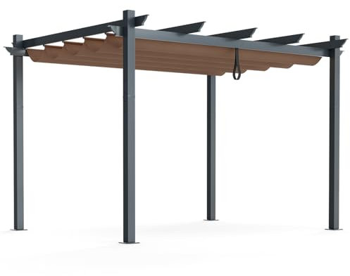 SFAREST 3 X 4M/3 X 3.6M Metal Pergola, Large Sun Shade Shelter with Retractable Roof, Outdoor Grape Trellis Gazebo for Garden Patio Outdoor (Coffee, 3 X 3.6M)
