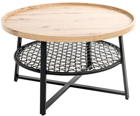 Generisch Couchtisch - Ø 75 cm - Eiche Dekor - Schwarz - Metallgestell - mit Ablage