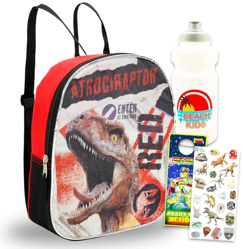 Jurassic World Mini mochila – Paquete con bolsa preescolar de dinosaurio de 11 pulgadas, botella de agua, calcomanías, más | Mini mochila de dinosaurio Jurassic Park para niños, niñas y niños pequeños