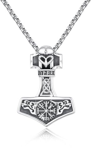 YueYuan Wikinger Thors Hammer Halskette 925 Sterling Silber Mjölnir Anhänger Thors Hammer Kette Wikinger Schmuck für Herren Väter Ehemänner Söhne