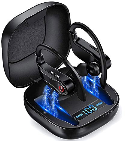 MTMHFPER Wireless Earbuds Sport Running Ear Hooks Bluetooth Earphone 5.0 in-Ear Wireless Headphones IPX5 Sweat Resistance w/Mic & Charging Case, Built-in Battery Pack for Workout Gym Sport, Black
