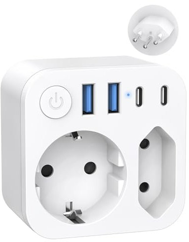 Adattatore da viaggio da Germania a Svizzera con 4 USB (2 tipo C), 2 prese da viaggio Svizzera, presa Schuko EU a tipo J per Maldive, Ruanda, Madagascar, Liechtenstein, bianco