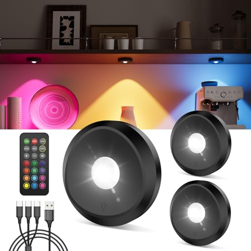RGB LED Spot Akku USB Aufladbar, 2400mAh Vitrinenbeleuchtung Kabellos mit Fernbedienung Timer Unterbauleuchte Küche Rund Schranklicht Magnet Klebelicht Farbwechsel Spotlight für Schrank Regal Vitrine