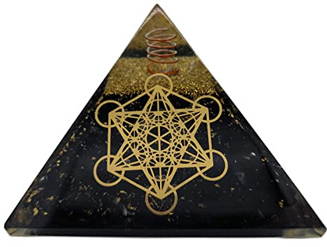 Energie Pyramide Orgonit Schwarzer Turmalin Edelstein mit Symbol Metatrons Würfel | Energie Schutz Glück Harmonie (6 x 6 x 5 cm)
