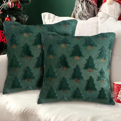 CWENDANER Kissenbezug Weihnachten 2er Set,Weihnachtskissenbezug 45x45 cm mit Stickerei (Weihnachtsbaum), Christmas Cushion Cover für Sofa, Wohnzimmer, Schlafzimmer (Neuer grüner Weihnachtsbaum)