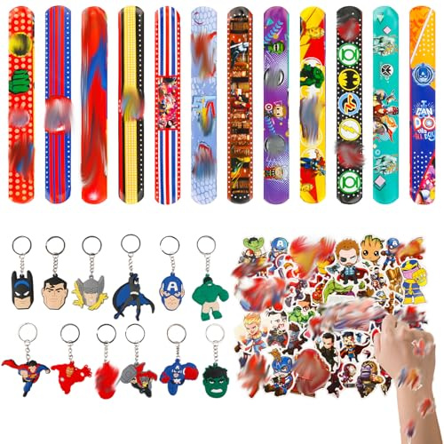 Wirhaut 74Stück Aveng Party Mitgebsel, Party Mitgebsel Deko Set, Kindergeburtstag Gastgeschenke inklusive 12 Armband, 12 Schlüsselanhänger, 50 Aufkleber
