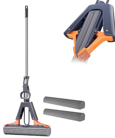 Mocio in spugna a rullo con 2 ricariche assorbenti, spugna autoserrante con manico regolabile in acciaio inox per la pulizia del pavimento