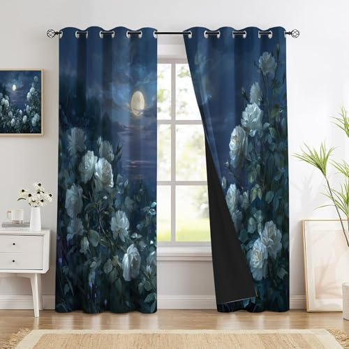 Verdunkelungsvorhänge 3D Mondlicht Weiße Rosen, Vorhänge Blumen Ölgemälde Drucken Blickdicht 2er Set H 214 x B 132 cm,Dunkelblau, Gardinen mit Ösen, Abdunkelnde Vorhänge Wohnzimmer Schlafzimmer
