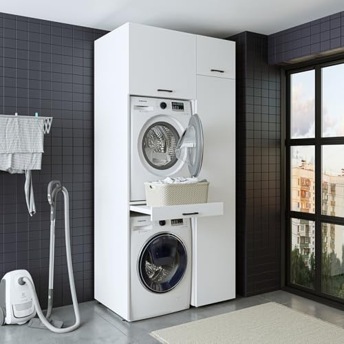 ROOMART Mobile per lavatrice, serie Duo-I, larghezza 112 cm, per asciugatrice e lavatrice, in 3 colori (bianco, V2 HBT: 240 x 112 x 67 cm, 5 ripiani)