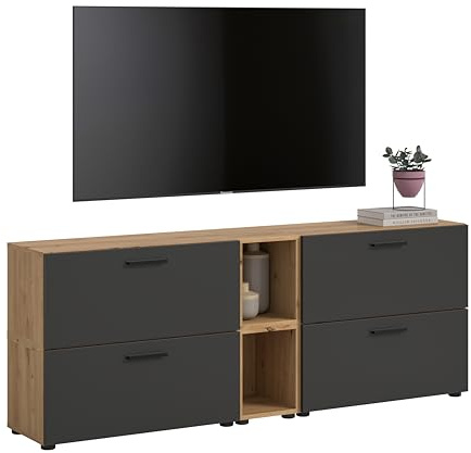 xonox.home – Wohnkombination The One 176x67x34 cm in Artisan Oak und Basalt – Kompakte Wand mit 4 Klappen – 10 Fächer bieten funktionale Ablagen & EIN ansprechendes Farbschema für den Wohnbereich