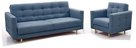 Polstergarnituren Sofa mit Sessel Schlafsofa Kippsofa Sofa mit Schlaffunktion Klappsofa Bettfunktion Couch - Scarlett (Blau)