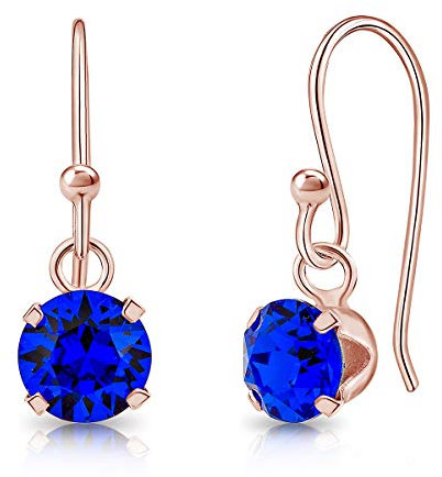 DTPsilver® Pendientes Colgantes Pequeños Plata de Ley 925 Chapados en Oro Rosa con Cristal Swarovski® 6 mm - Pendientes Mujer Oro Rosa - Pendientes Azul Eléctrico