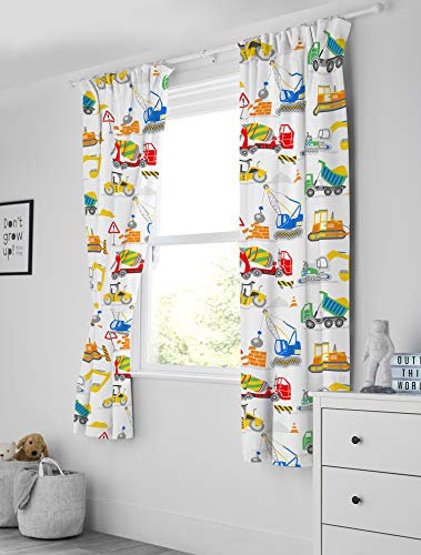 Bloomsbury Mill – Baufahrzeuge – Lastwagen, Bagger & Kräne – Gefüttertes Gardinenpaar mit Raffhalter für Kinder – 168 cm x 183 cm