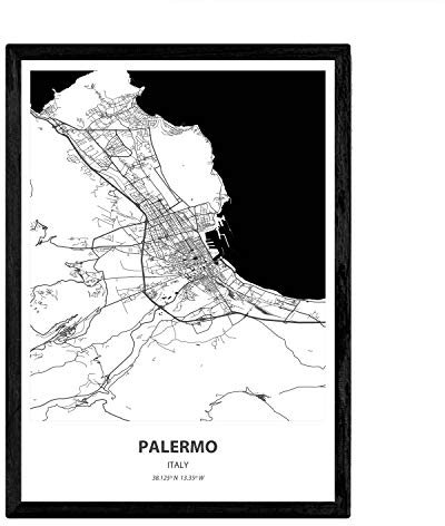 Nacnic Poster mit Karte von Palermo - Italien. Blätter von Städte in Italien mit Meeren und Flüssen in schwarz und weiß. A3