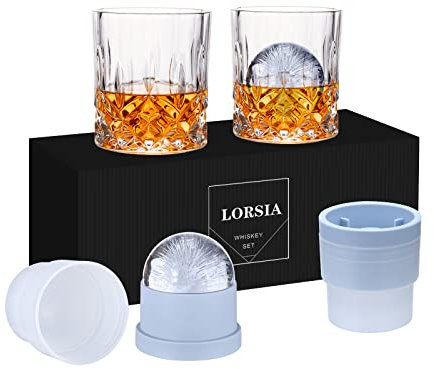 Whiskey Rocks Glass, Set of 4 (2 Crystal Bourbon Glasses, 2 Round Big Ice Ball Molds) In Gift Box - 10 Oz Old Fashioned Glasses for Scotch Cocktail Rum Cognac Vodka Liquor, Unique Gifts for Men