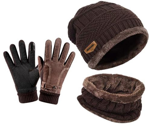YULOONG Beanie Hut Schal Handschuhe Set Winter Strickmütze Halswärmer Touchscreen Fahrhandschuhe für Männer Frauen Bbraun