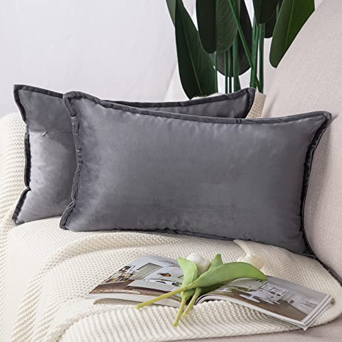 Madizz 2er Set Samt Dekorativ Zierkissenbezüge Luxus Stil Kissenbezug für Sofa für Schlafzimmer Grau 30x50 cm Rechteckigig