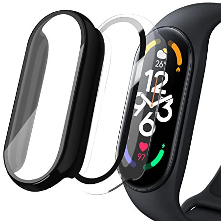NEWZEROL 2 Piezas Funda Protectores Compatibles para Xiaomi Mi Band 7, Marco para PC + Protector de Pantalla de Vidrio Templado - Negro/Transparente