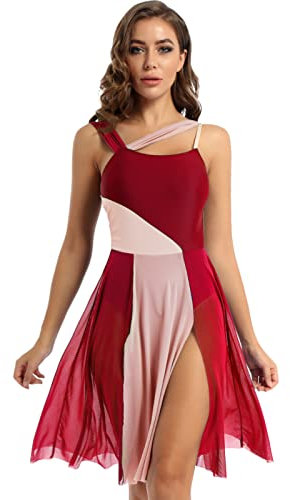iEFiEL Damen Ballettkleid Tanzkleid mit Asymmetrisch Rock Wickelrock Tango Latein Kleider Leotard Ballettanzug Trikot Tanz-Body Gr. XS S M L XL Xa Burgundy L