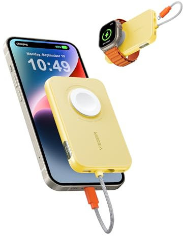 VEGER Power Bank Fast Charger 20W,Built-in iPhone Cable Powerbank,5000mAh Portable Charger USB C Input & Output Battery Pack for iPhone Apple Watch(Supports Wireless Charging) Samsung Huawei etc
