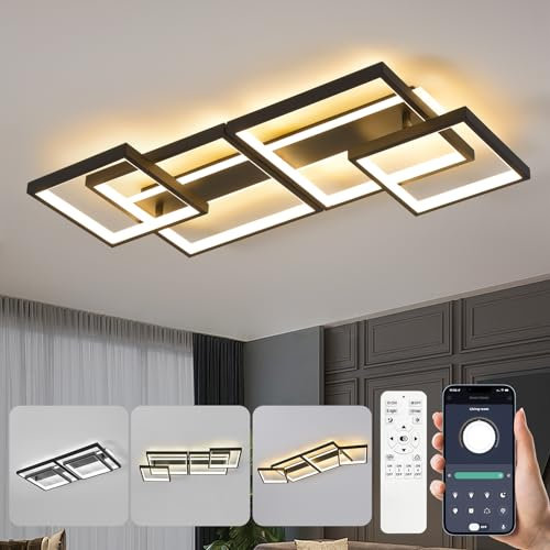 LED Deckenleuchte,Dimmbar Deckenlampe Mit Fernbedienung APP,Einstellbar Quadrat Wohnzimmerlampe 4 Flammig Kronleuchter Lampe,48W 3000-6500K Deckenbeleuchtung für Schlafzimmer Wohnzimmer,Schwarz 86cm