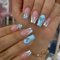 Angwis 24pcs Medium Square French Tip Stick on Nails White Edge Glitter Blue Heart Press on Nails Removable Glue-on Nails Full Cover Fake Nails Valentines Day Women Brides Nail