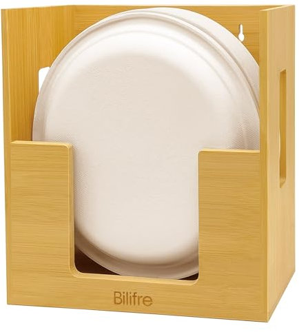 Bilifre Bamboo 8-10 Inch Paper Plate Holder with No-Drill Wall Mount, High-Capacity Vertical Dispenser for Disposable Plates, Under-Counter/Cabinet Storage for Kitchen, Pantry, Office & Party