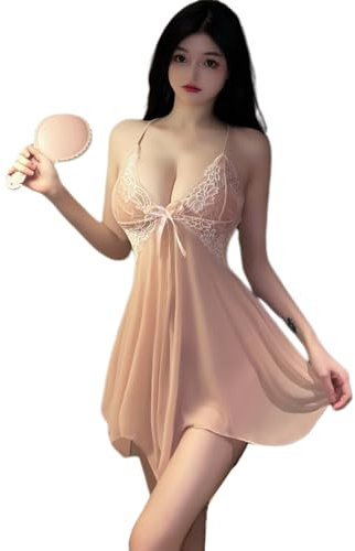 Temptshow Sexy maglia prospettiva biancheria intima pizzo bambola backband scollo a V Mesh pigiama (rosa)