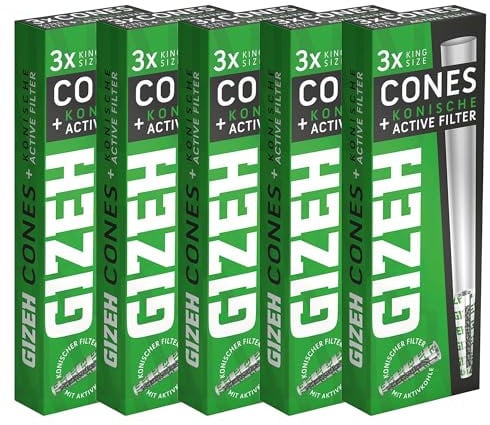 GIZEH Cones Hülle mit Aktivkohlefilter 3 Stück Ø 6mm - King Size Pre Rolled Cone Activ Filter/vorgedrehte konische Hülsen gebleicht (5 Packungen)