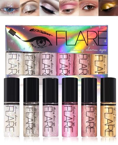 Flüssiger Eyeliner Glitzer 6 Colors, Liquid Eyeshadow Makeup Set, Shimmer Smokey Waterproof Quick Drying Lidschatten, Silber Gold Metallic Glitter Augen Make-up Kit,Schminke Geschenke für Frauen-SetA